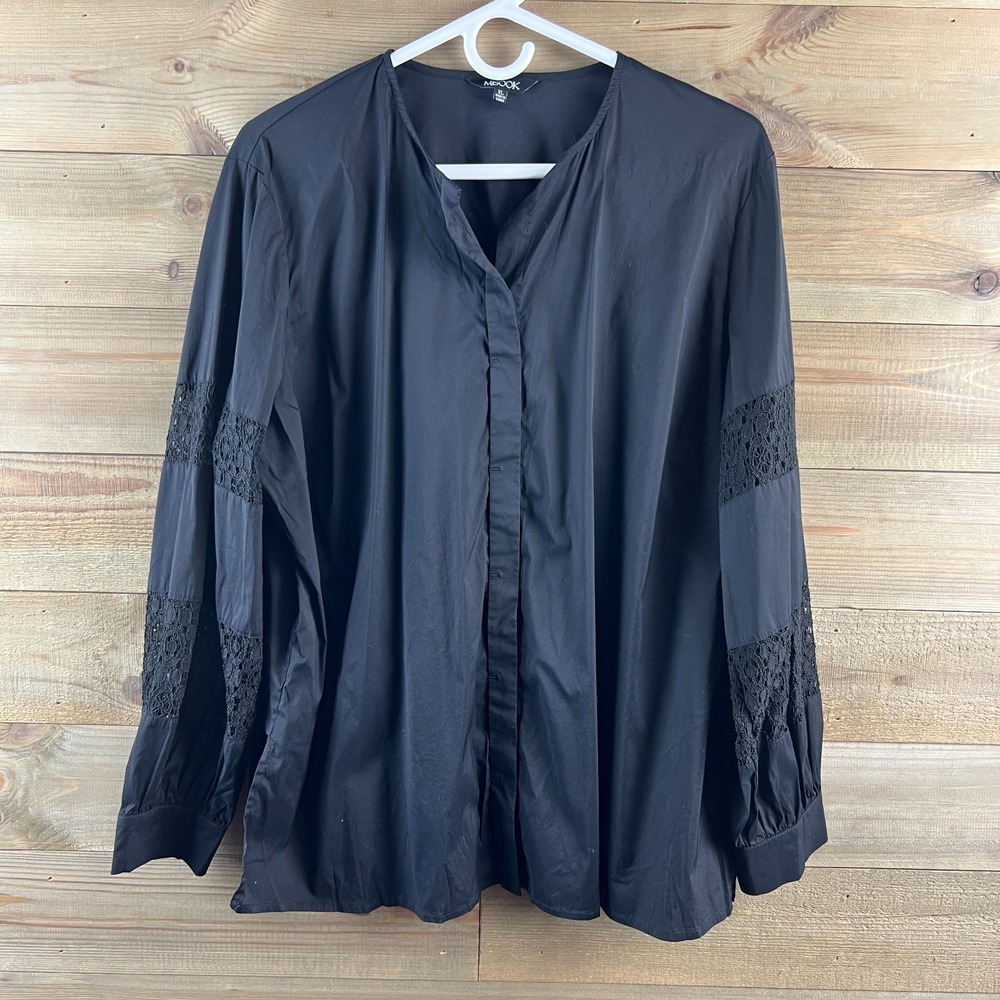 Misook Womens Shirt Long Sleeve Button Up Lace Inset Black Classic Minimalist XL